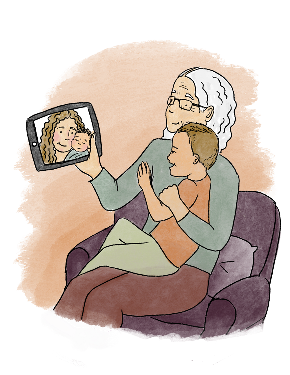 A grandmother with gray hair and glasses sitting on a purple couch, taking a selfie with her grandson, who is hugging her. The photo on the tablet shows a woman and a baby, possibly the grandmother and her baby son.