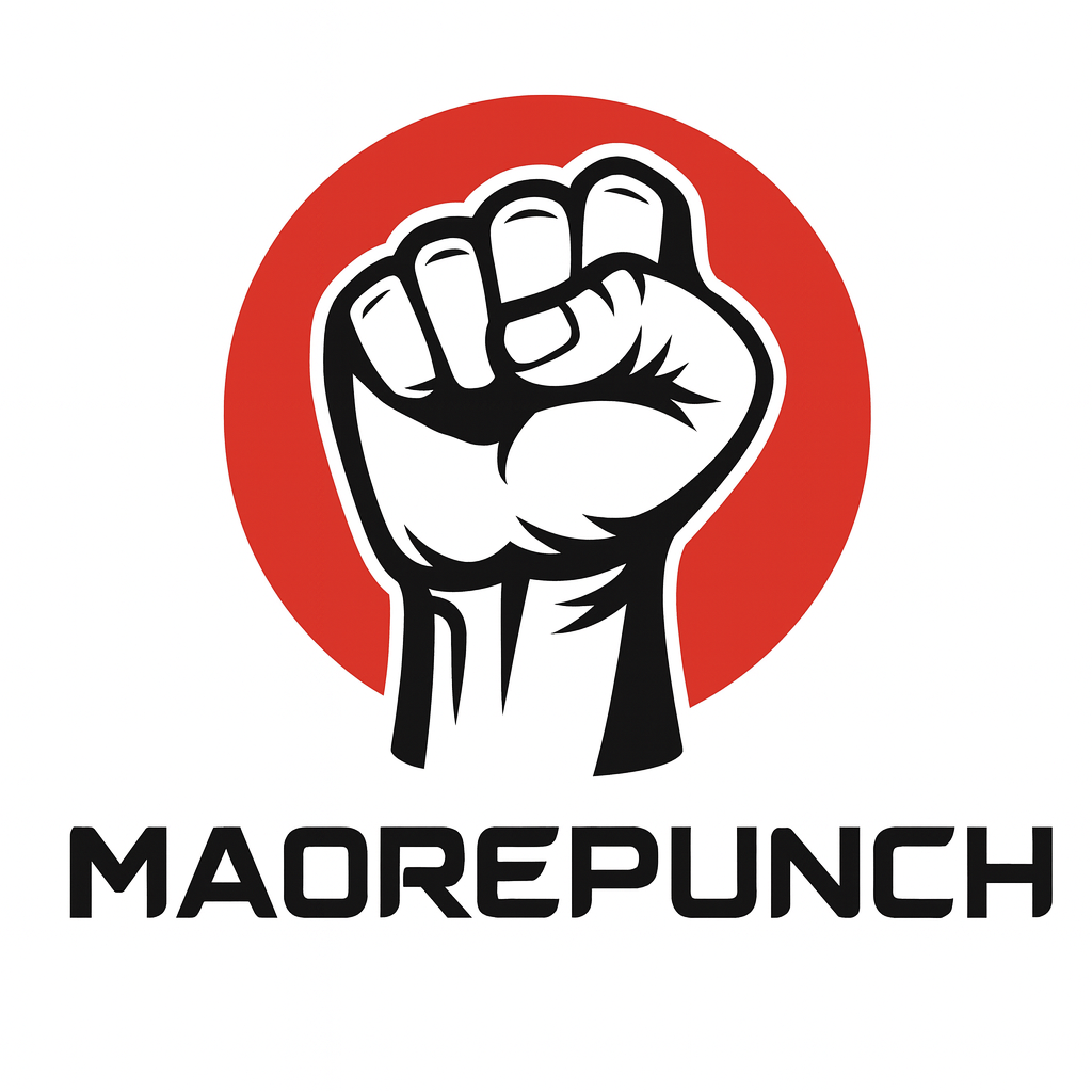 Une main en poing fermée avec un cercle rouge en arrière-plan, accompagnée du texte 'MAOREPUNCH' en dessous.