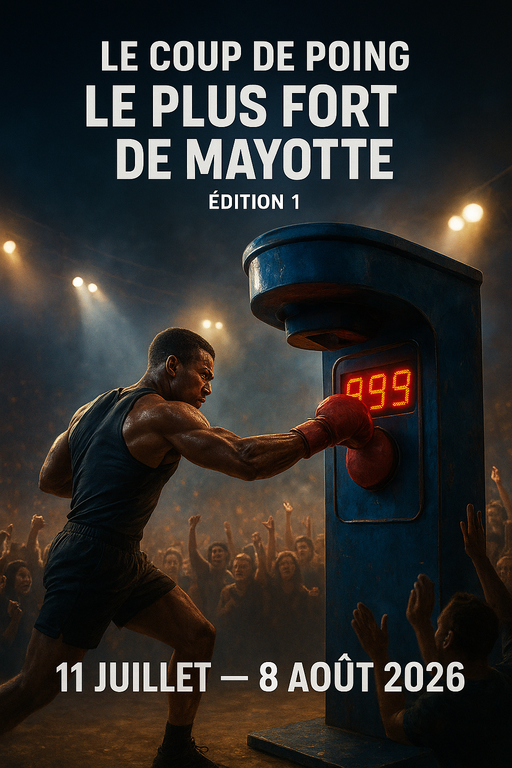 Affiche promotionnelle pour un film ou un événement intitulé «Le Coup de Poing Le Plus Fort de Mayotte», édition 1, avec un boxeur frappant une cible en forme de poing géant lors d'une compétition, avec une foule en arrière-plan et des lumières vives. Dates : 11 juillet au 8 août 2026.
