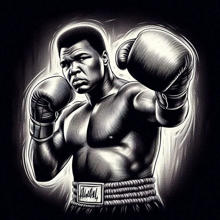 Un boxeur noir, musclé, en position de combat, portant des gants de boxe et un short, avec une expression déterminée.