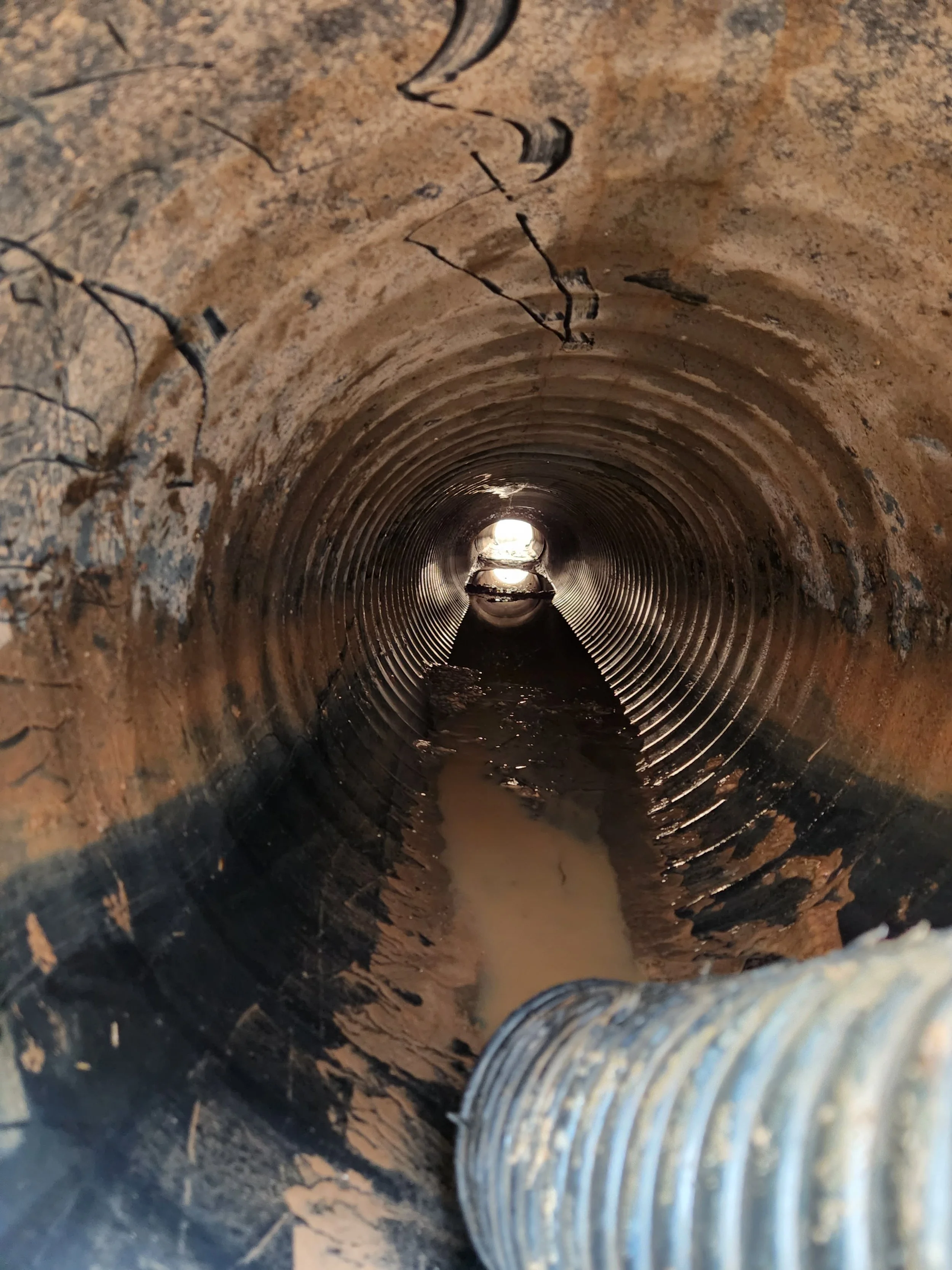 View inside a dirty, rusted metal pipe with water and debris at the bottom, leading to an opening with light in the distance.