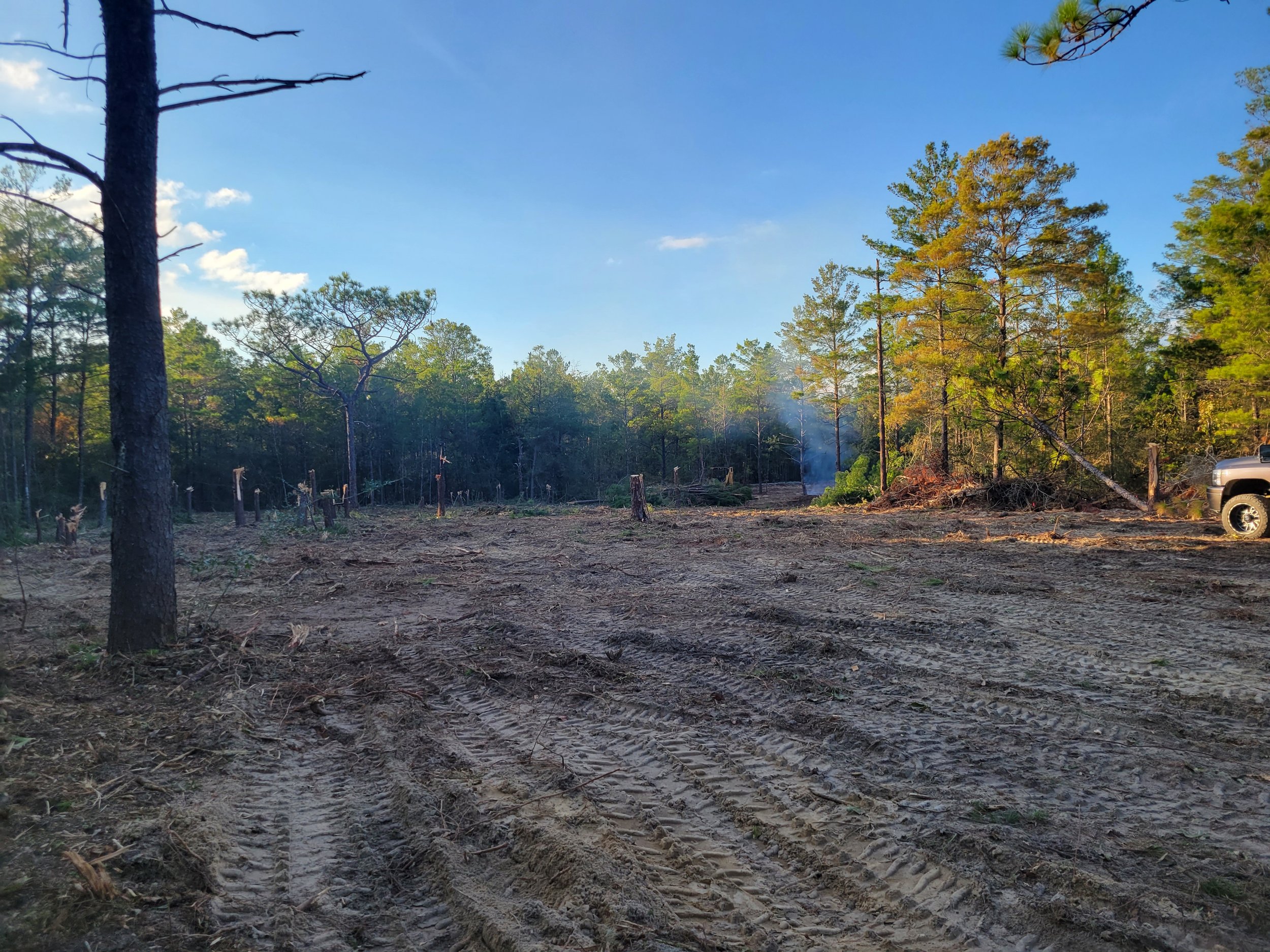 A cleared area of land with tire tracks in the dirt, surrounded by trees with some smoke and debris, and a vehicle partially visible on the right side.