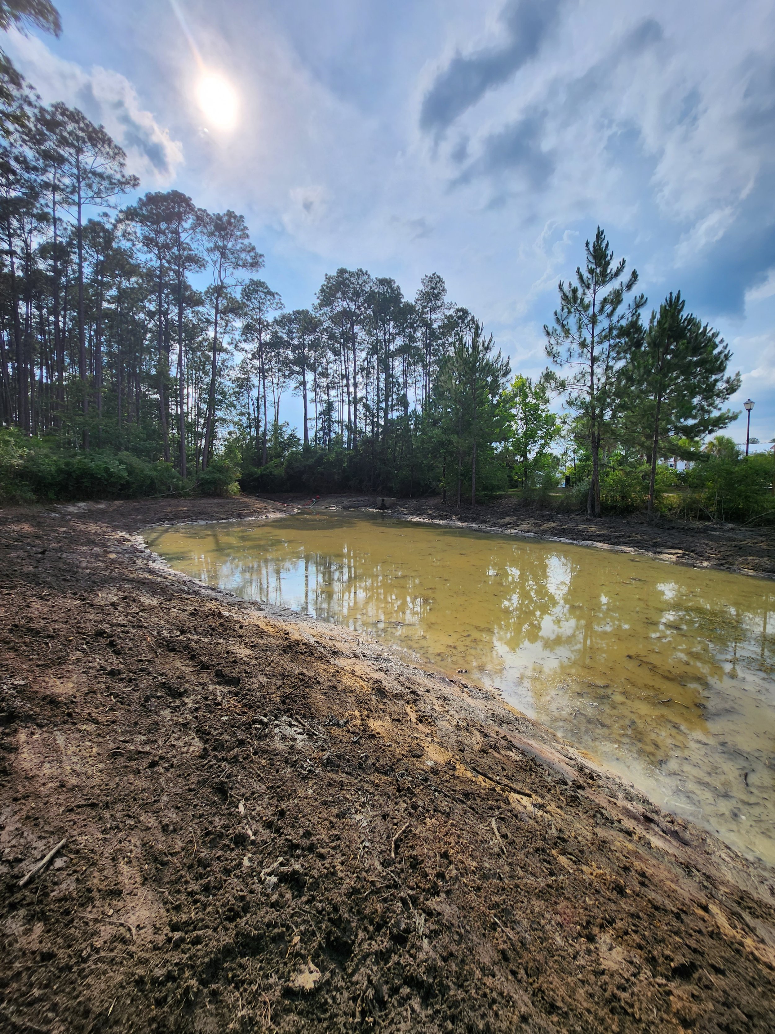 A muddy area next to a small pond or marsh with reflections of trees and a partly cloudy sky with the sun shining through.