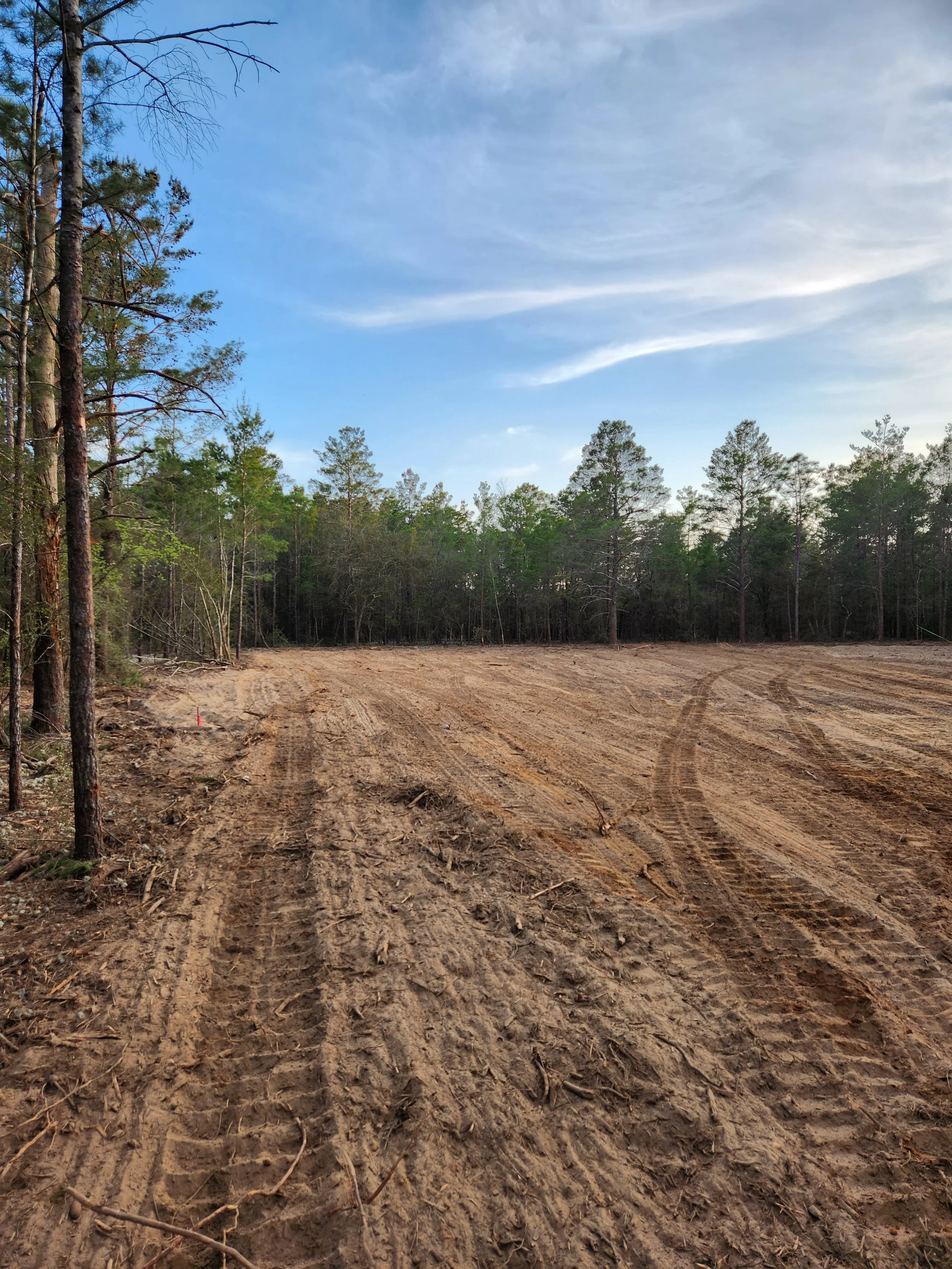 Cleared dirt area with tire tracks and a forest background under a partly cloudy sky.