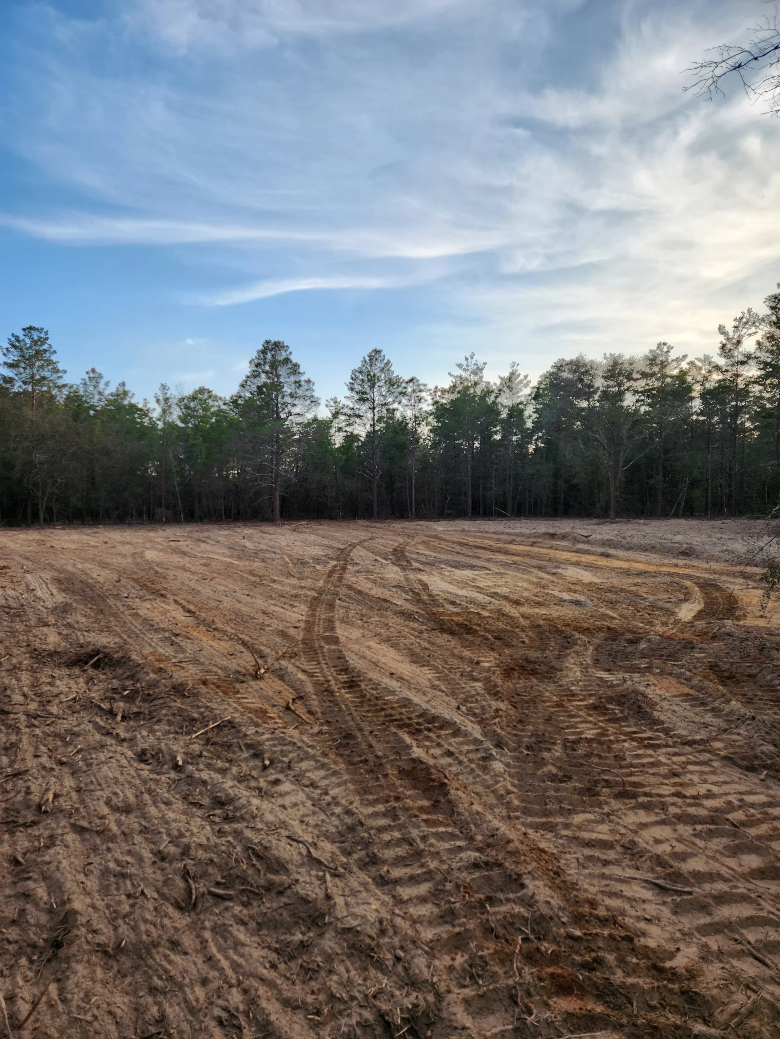 A cleared dirt field with tire tracks, bordered by trees under a partly cloudy sky in a rural or forested area.