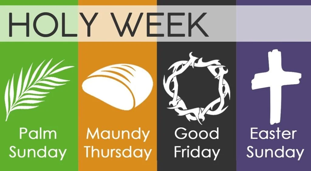 Color-coded infographic showing four days of Holy Week: Palm Sunday with a palm branch on a green background, Maundy Thursday with a loaf of bread on an orange background, Good Friday with a crown of thorns on a black background, and Easter Sunday with a cross on a purple background.