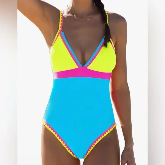 Popvil Blue and Yellow Neon Color Block Swimsuit (Large)