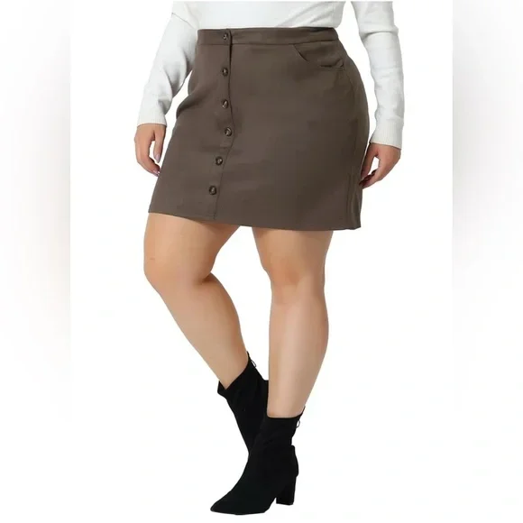 Agnes Orinda Faux Suede Brown Button-Up A-Line Skirt (2X)