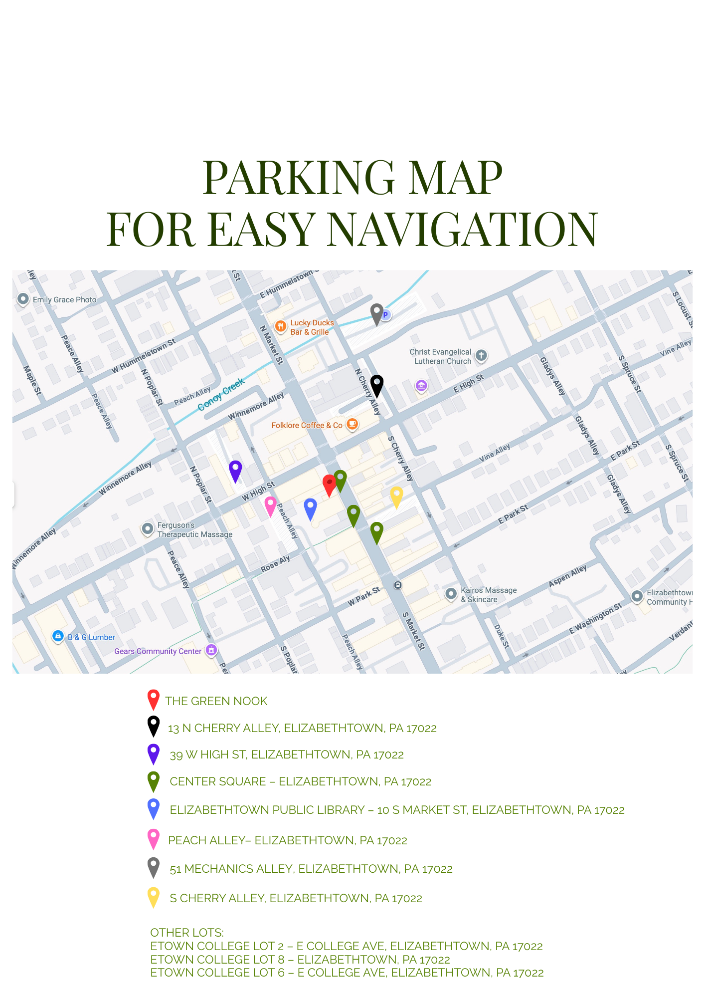 A map titled 'Parking Map for Easy Navigation' shows various parking locations in Elizabethown, PA, marked with colored pins and listed with addresses and lot names below.