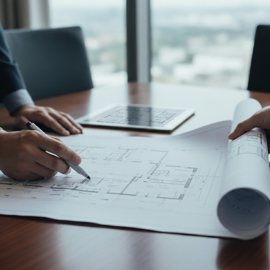 Two individuals reviewing and discussing architectural blueprints on a table in a modern office with large windows in the background.