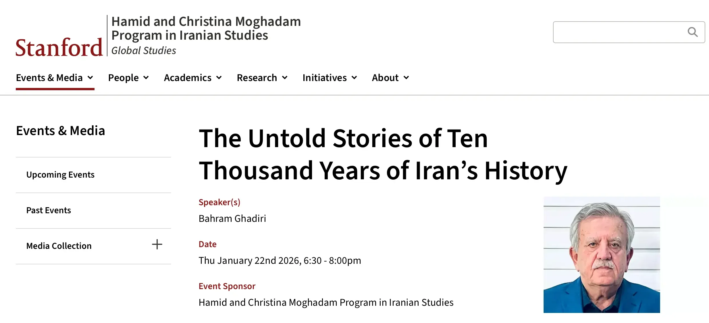 Page screenshot of the Stanford Speech of untold stories of ten thousand years of iran's history