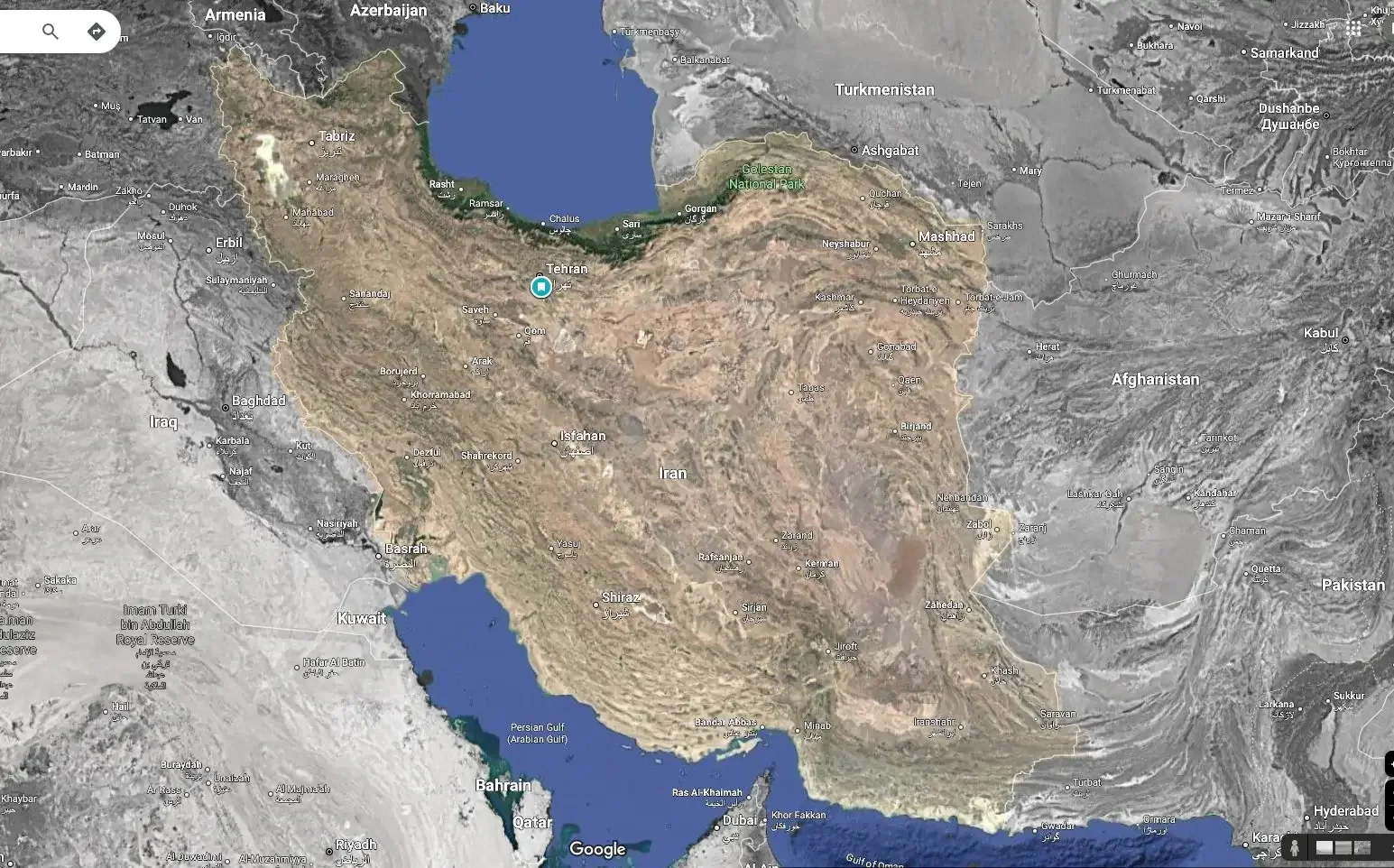 Map of Iran and surrounding countries with geographic and city labels.