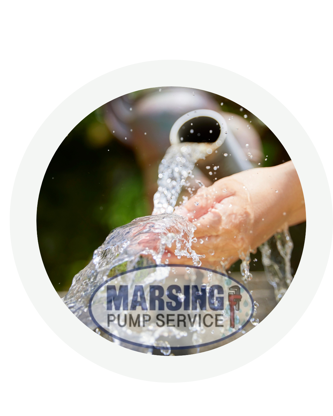 Water flowing from a faucet with a logo for Marsing Pump Service at the bottom.