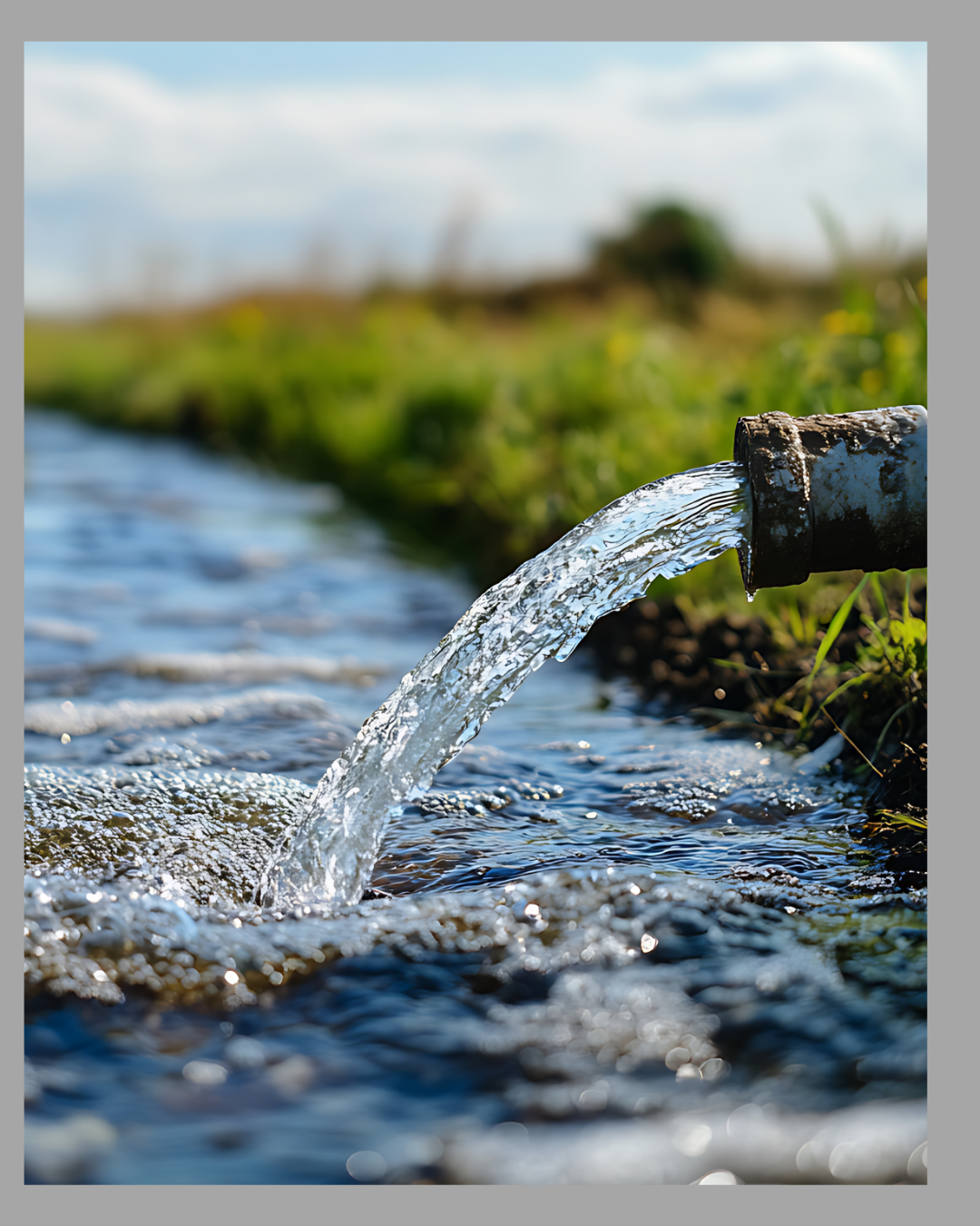 Water flowing from a pipe into a pond or stream, with green grass and blurred landscape in the background.
