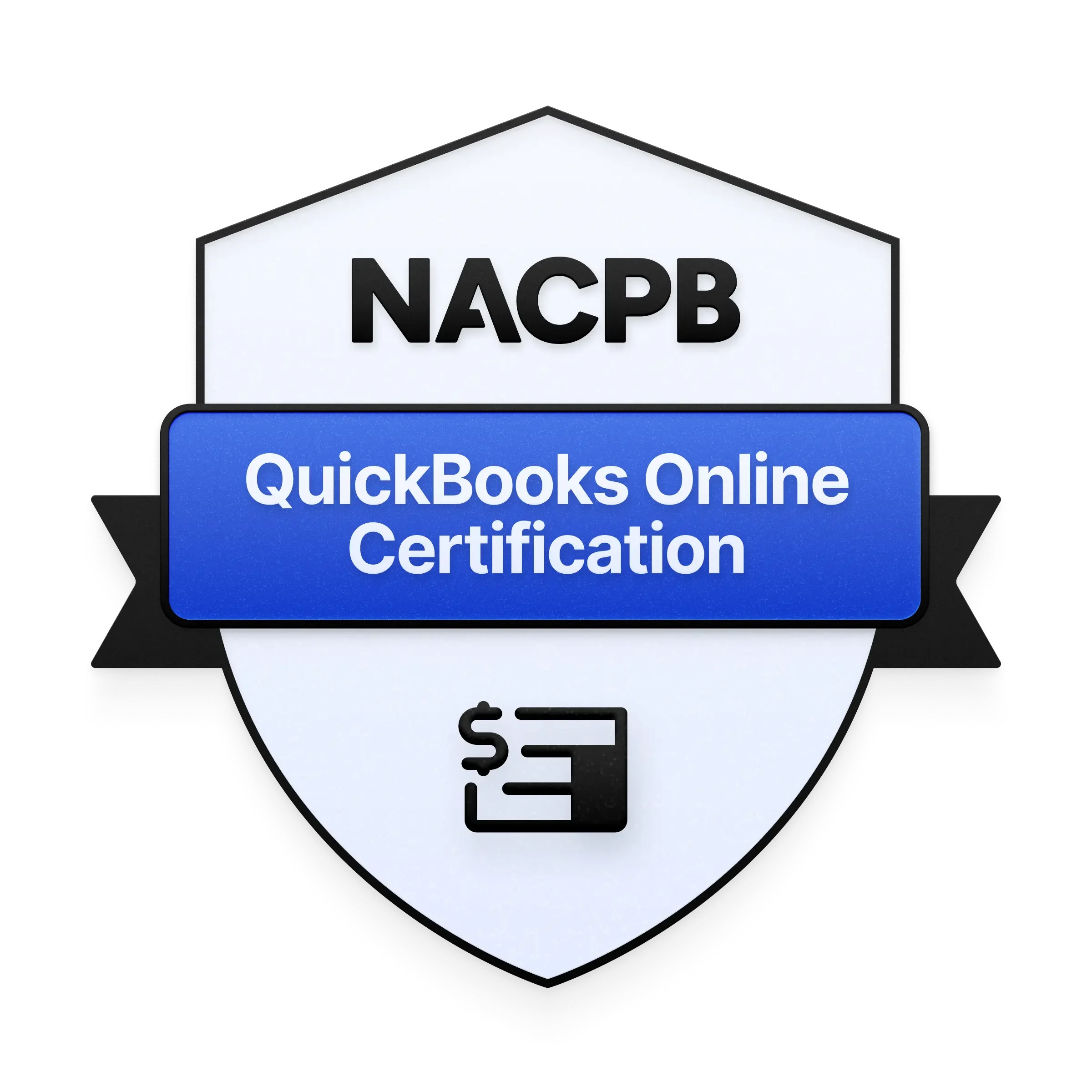 An illustration of a house-shaped sign with the text 'NACPB' above a blue sign that reads 'QuickBooks Online Certification' and a dollar sign below it.