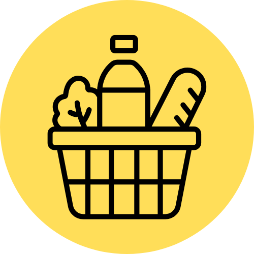 Shopping basket with vegetables and a bottle, on a yellow background.