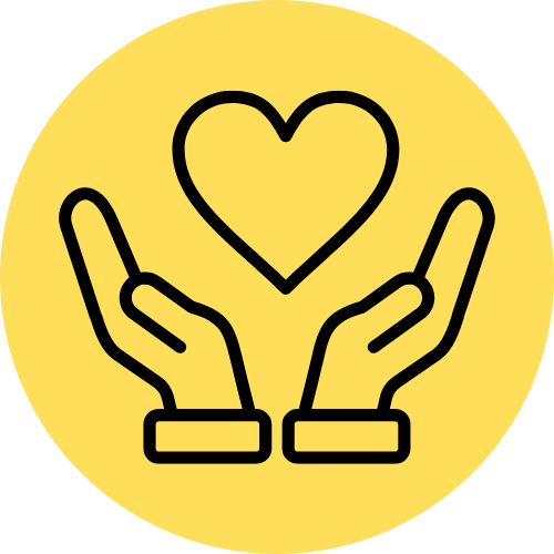 Two hands holding a heart symbol in a yellow circle.