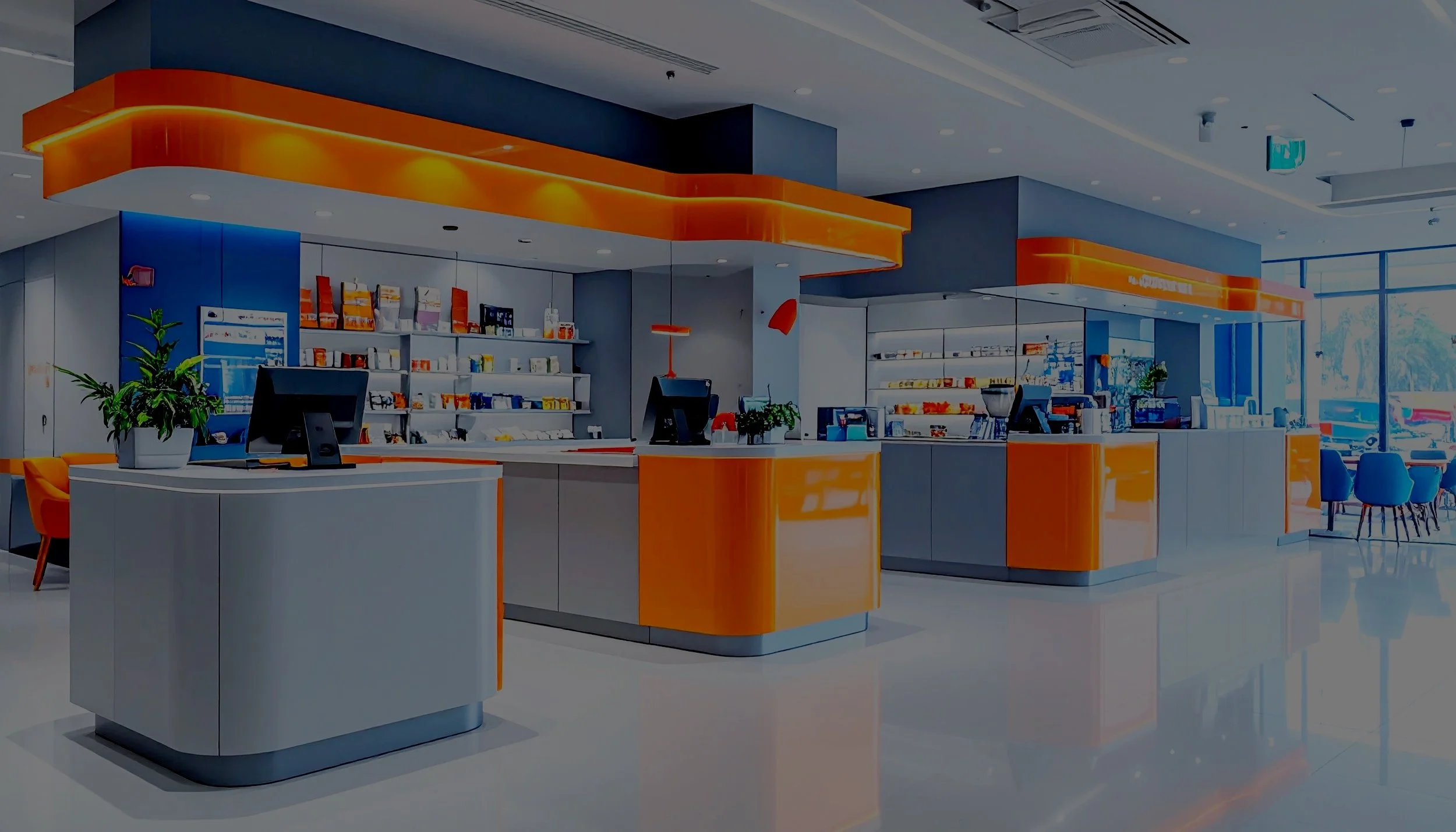 Modern retail store counter with orange and gray accents, shelving with products, and seating area, illuminated by overhead lighting and natural light from large windows.