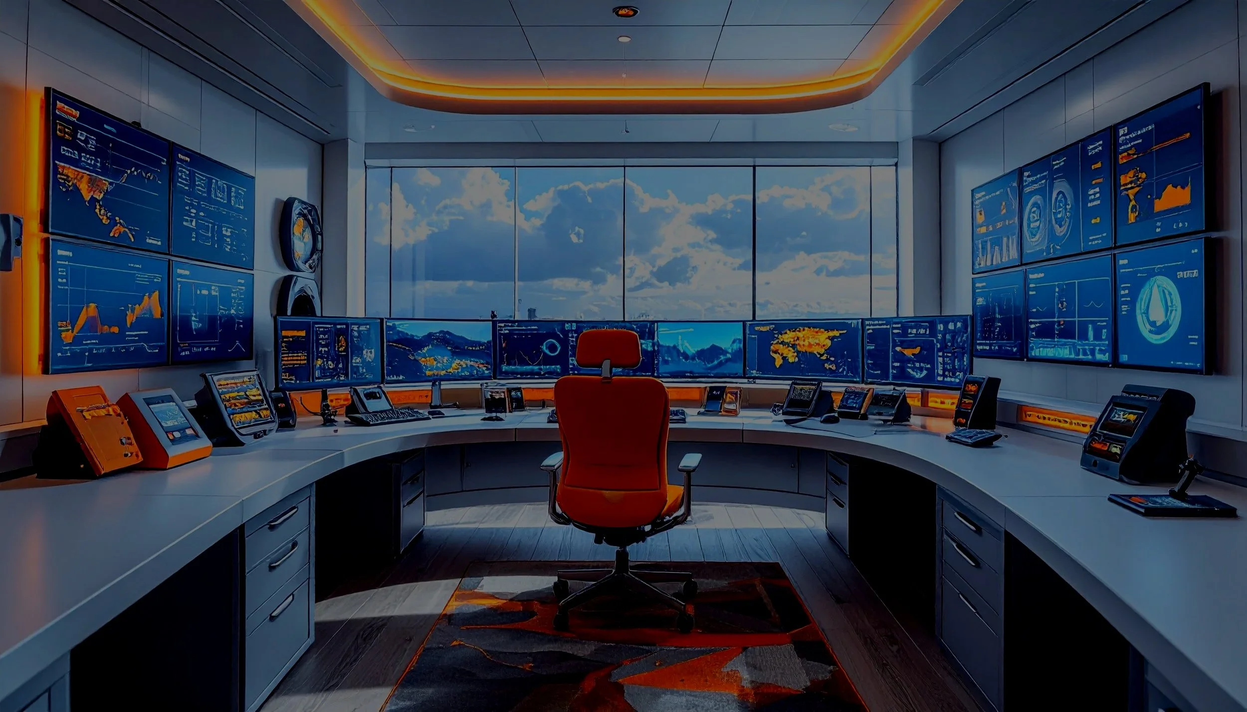 Control room with multiple monitors displaying data, a curved white desk with phones, and a large window showing a blue sky with clouds.