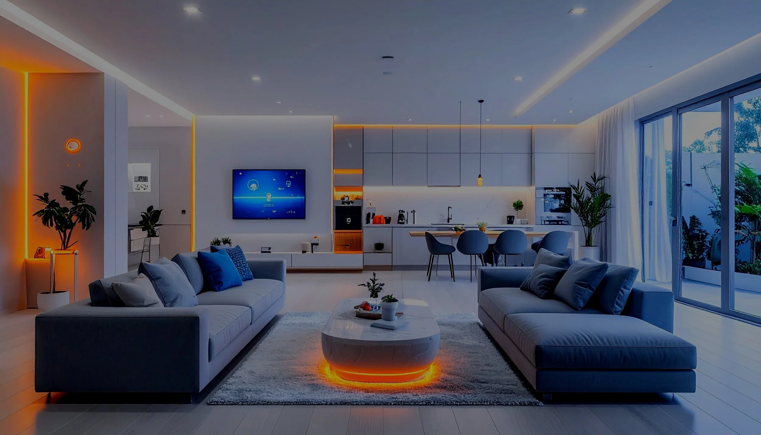 Modern living room with two gray sofas, a marble coffee table with an orange glow underneath, and a white area rug. There's a wall-mounted flat-screen TV, and the open kitchen features a breakfast bar with three gray chairs. Large glass windows and curtains reveal outdoor greenery, with potted plants incorporated into the space. The room is illuminated with warm LED accent lighting.