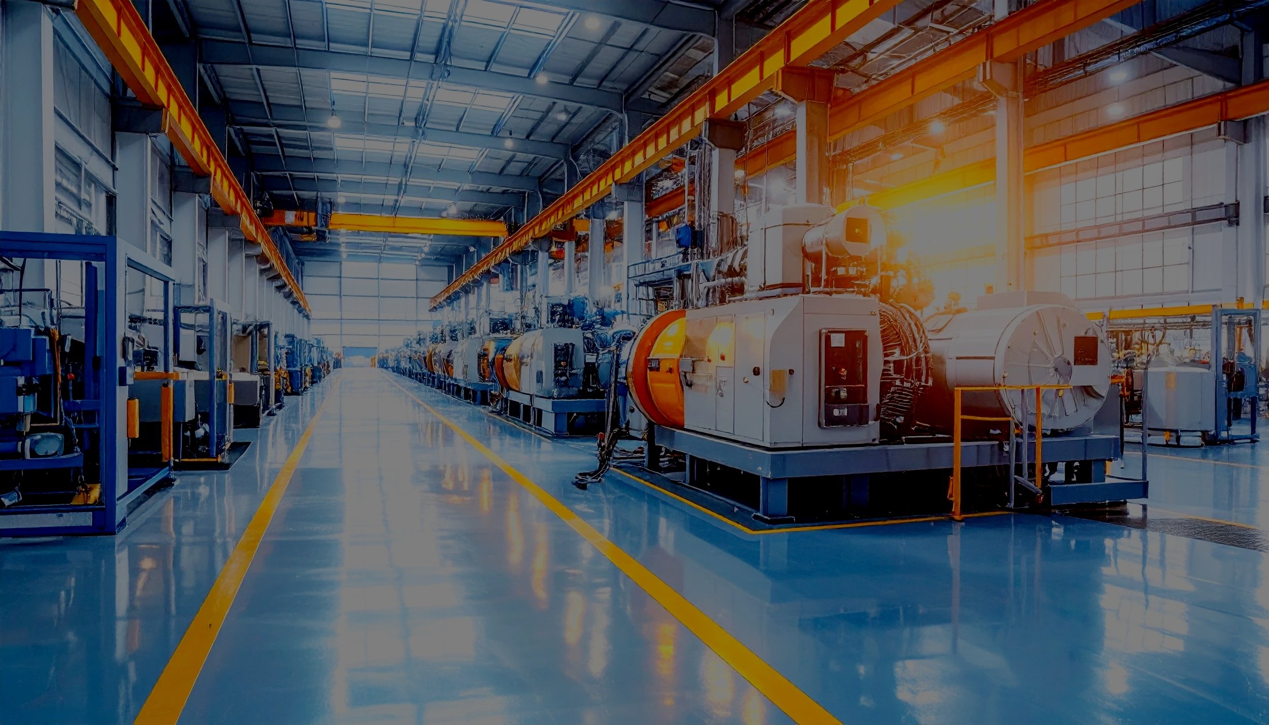 Inside a large, well-lit industrial manufacturing facility with machinery and equipment arranged in rows, and yellow safety lines on the shiny blue floor.