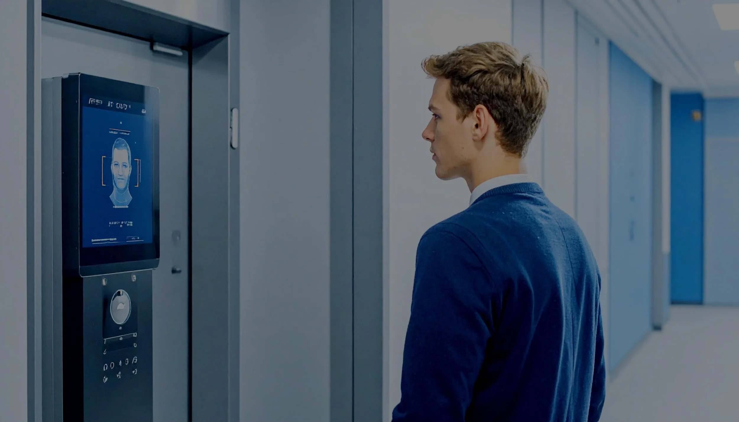 A young man in a blue sweater is looking at an airport check-in or security kiosk with an facial recognition screen.