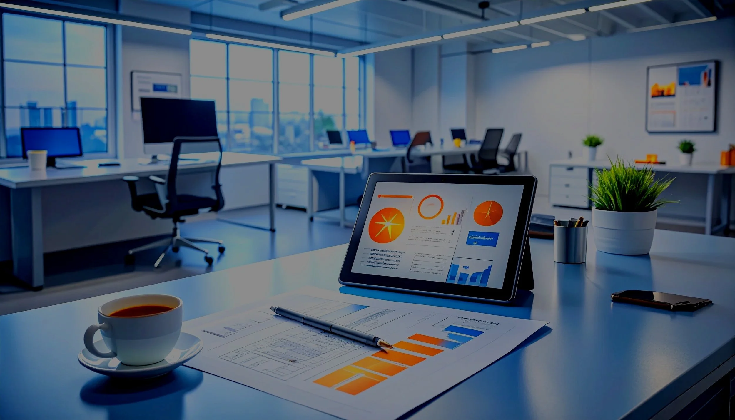 Modern office with multiple workstations, large windows, a tablet displaying charts, documents with graphs on the desk, a coffee cup, a potted plant, and a pen.