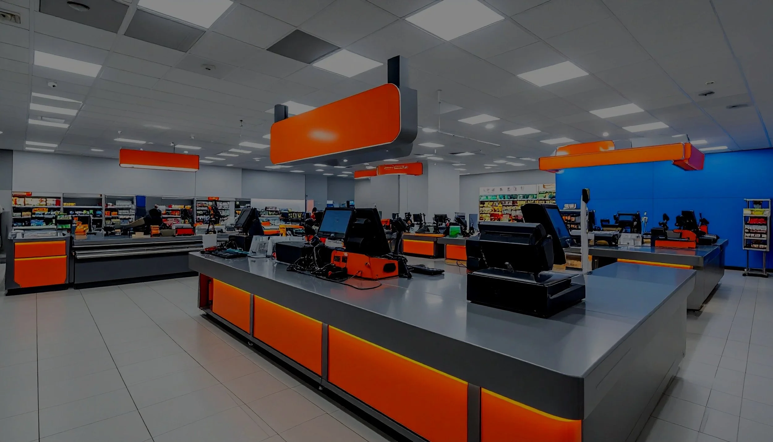 Empty checkout counters at a modern grocery store with orange and black accents, bright lighting, and shelves with products in the background.