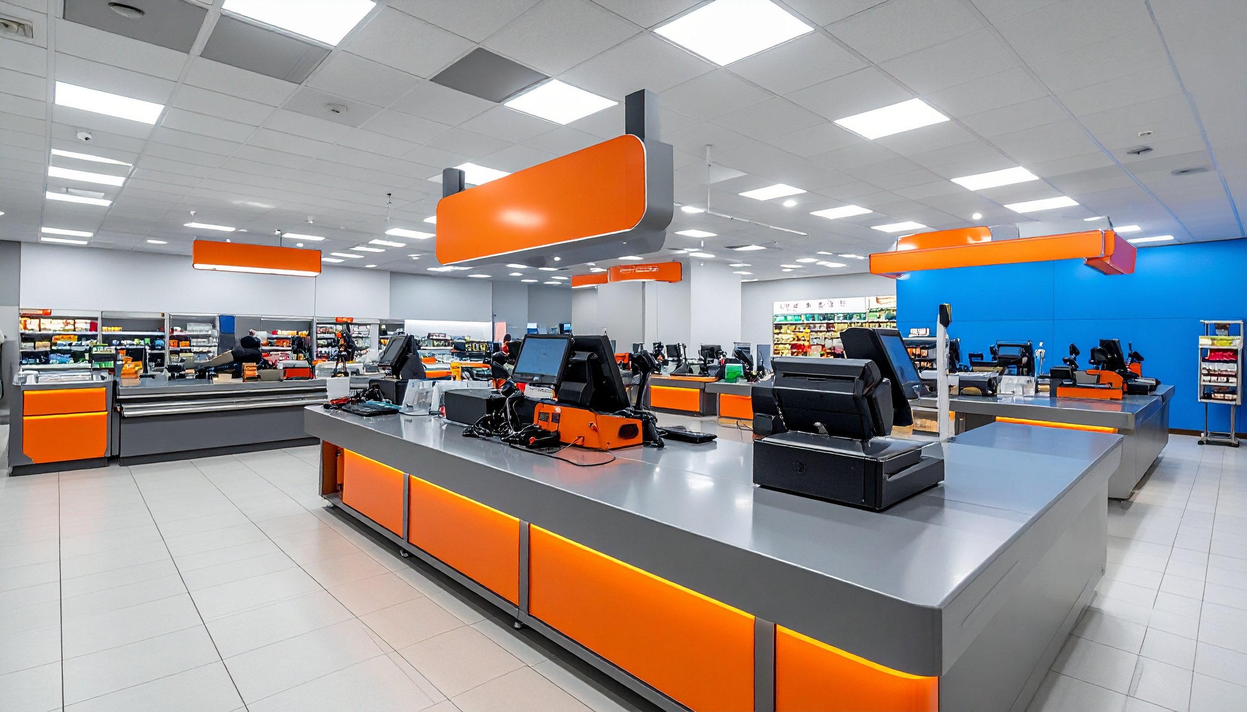 Empty checkout counters with black scanners and monitors in an electronics store with bright lighting, gray countertops, orange accents, and a blue wall in the background.