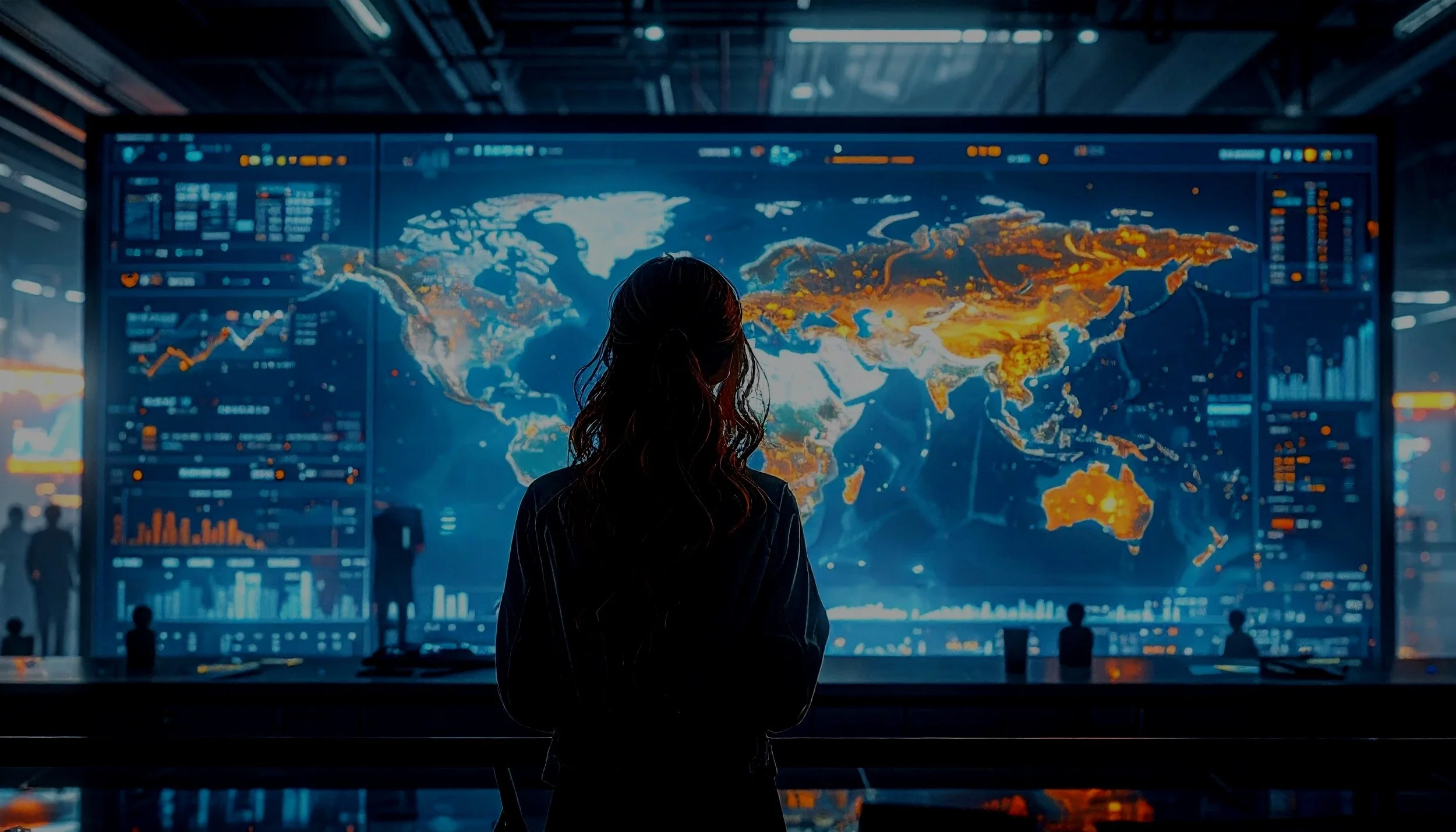 A woman with long hair stands in front of a large screen displaying a digital world map with illuminated continents and surrounding data charts in a high-tech control room.