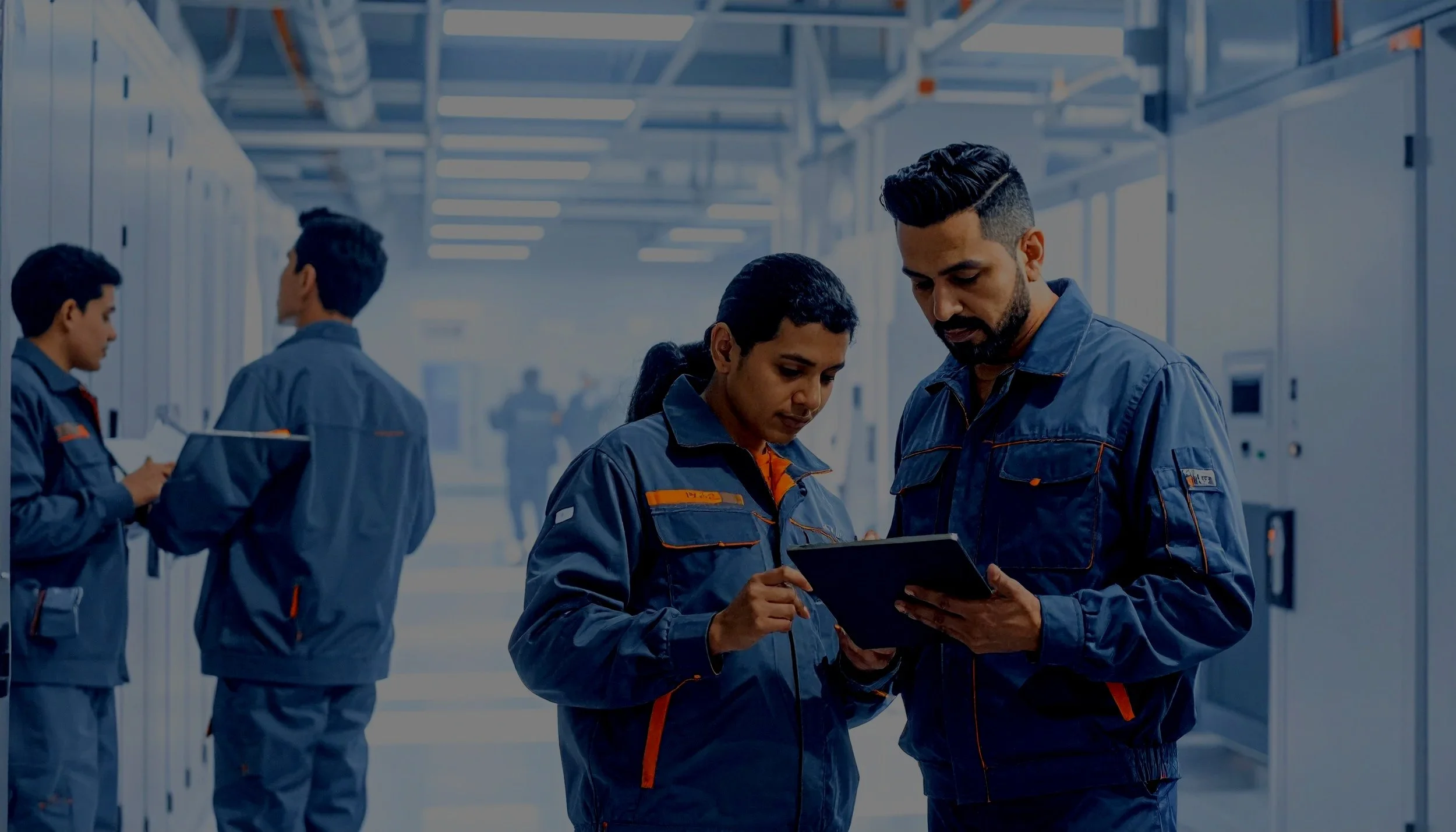 Two workers in blue uniforms discussing something on a tablet in an industrial setting with other workers in the background.