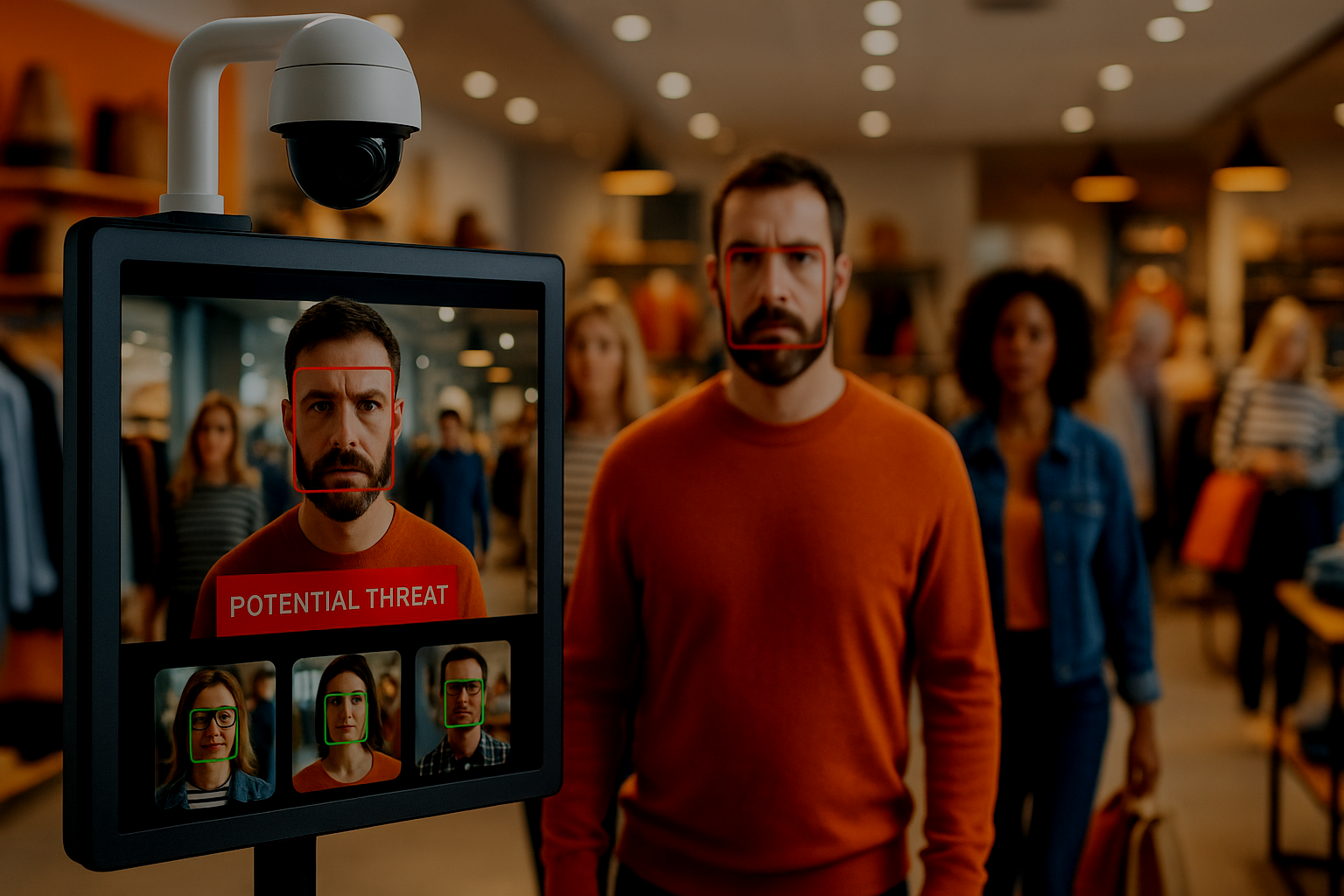 A man with a beard and orange sweater standing in front of a face recognition security device in a store, with several other people in the background. The device shows the man's face with a red box labeled 'POTENTIAL THREAT' and smaller images of other individuals with green boxes around their faces.