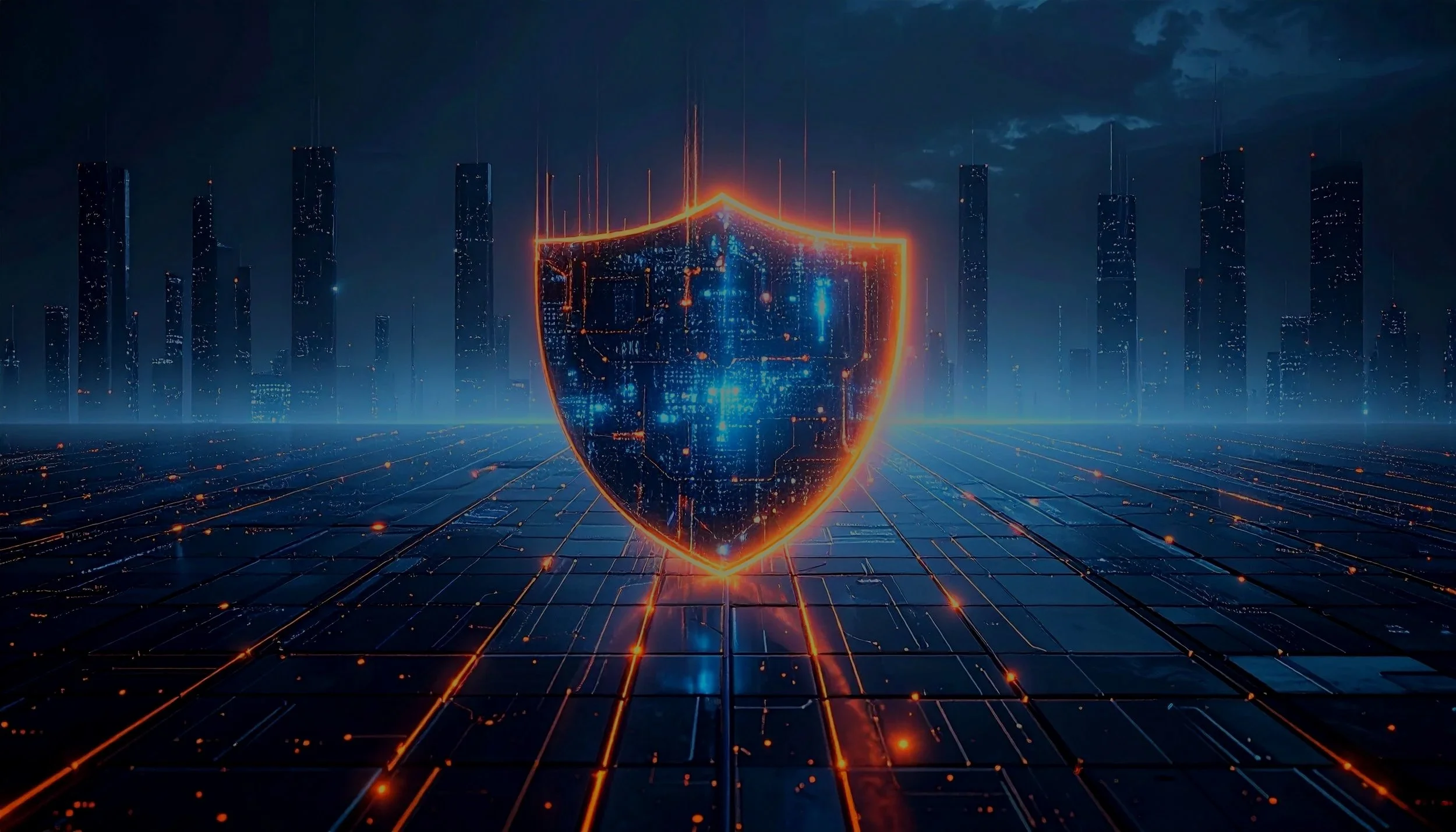 A glowing digital shield in front of a futuristic cityscape at night with dark sky and illuminated high-rise buildings.