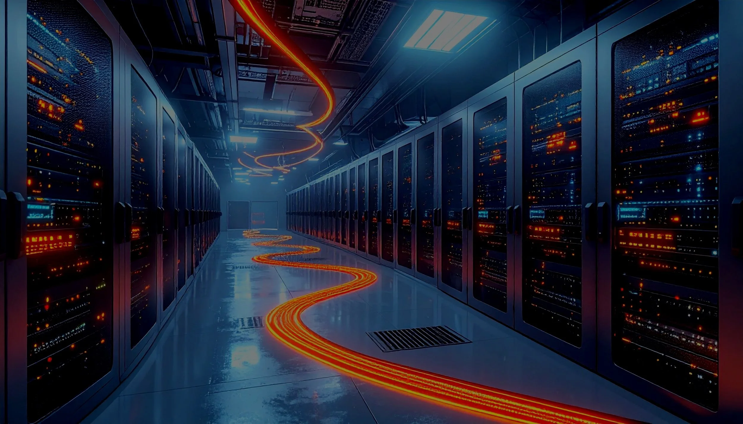 A futuristic server room with tall black server racks on both sides and glowing orange and blue lights. A glowing orange circuit-like line runs along the floor and upward along the ceiling in a spiral pattern.