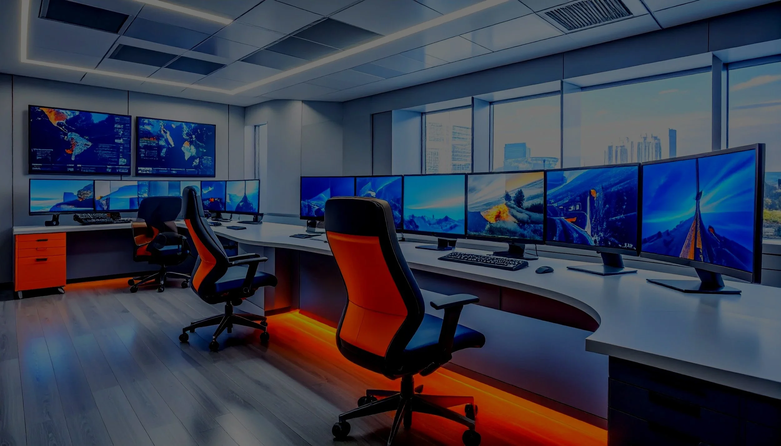 A modern command center with multiple computer monitors arranged on a curved desk, black and orange gaming chairs, large windows overlooking a city skyline, and a wall-mounted world map display.