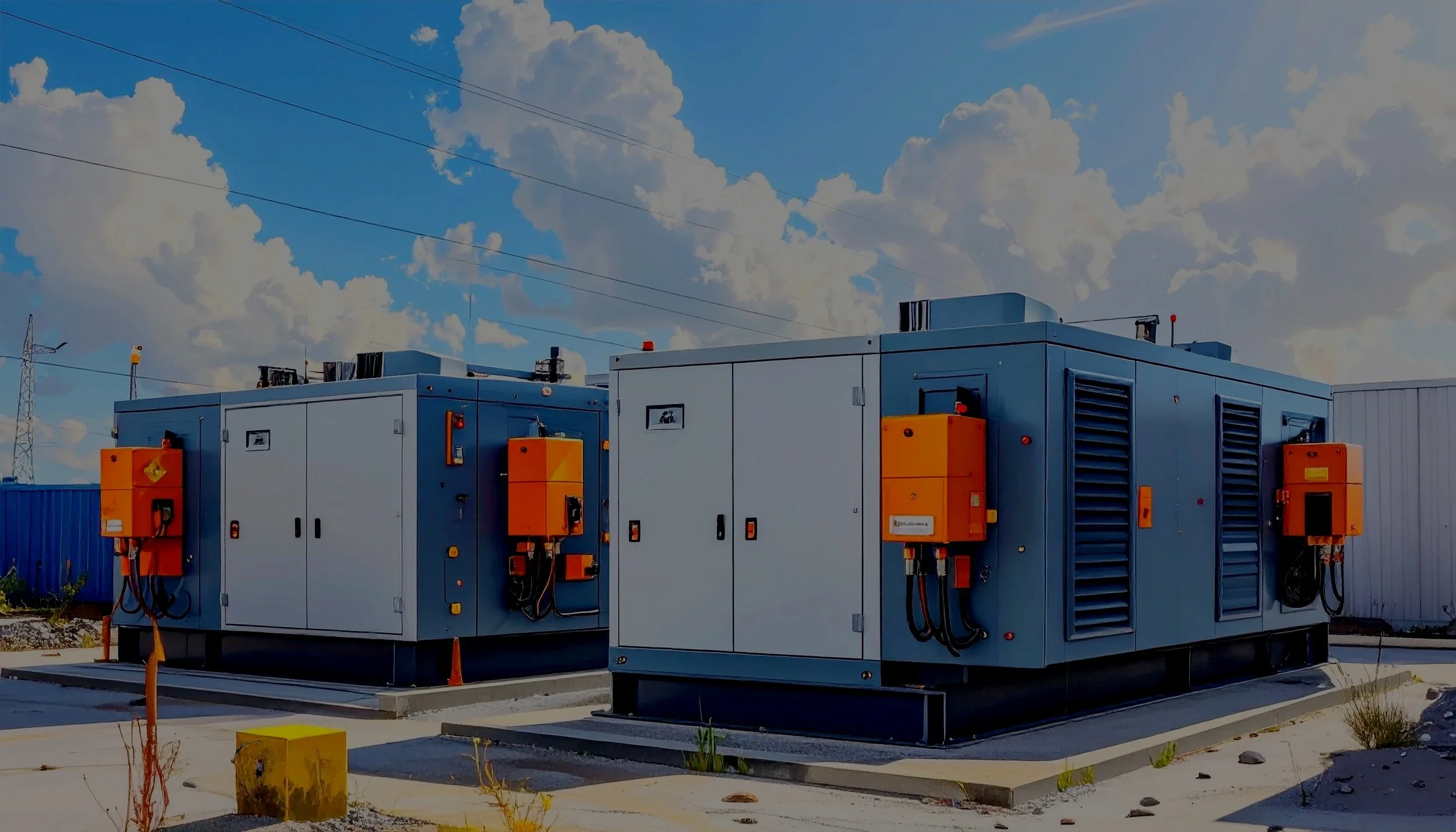 Two large industrial cooling or generator units outside, positioned on concrete slabs with a partly cloudy sky background.