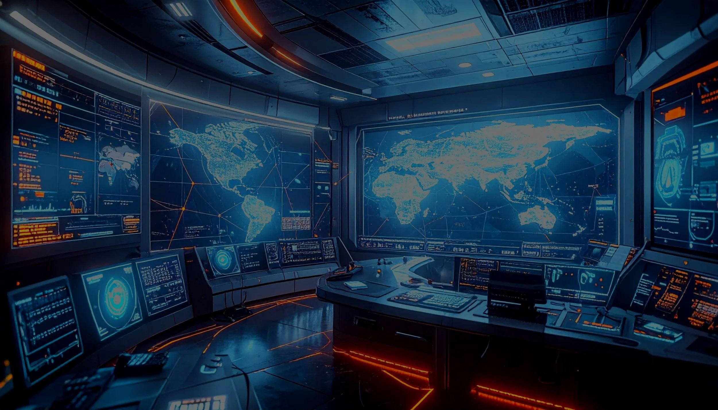 Futuristic control room with multiple high-tech screens displaying world maps and data, illuminated with blue and orange lights.