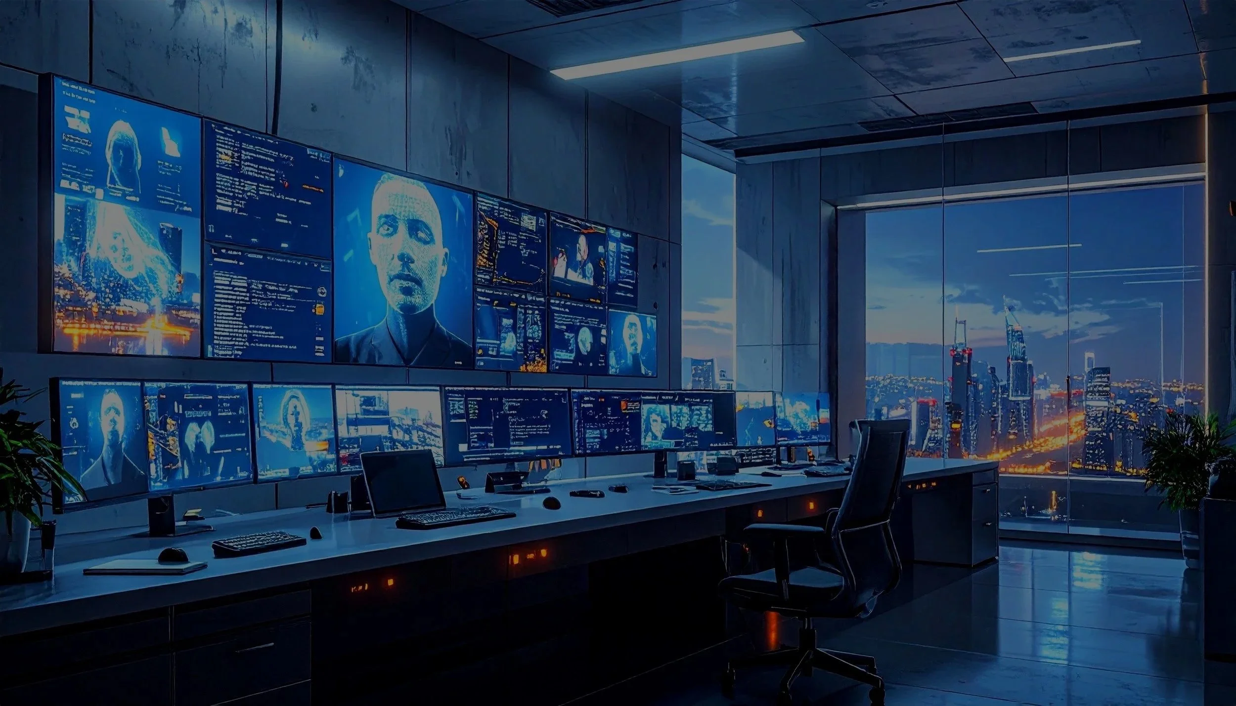 A high-tech command center with multiple monitors displaying digital images and data, situated in a modern office with a view of a city skyline at sunset.
