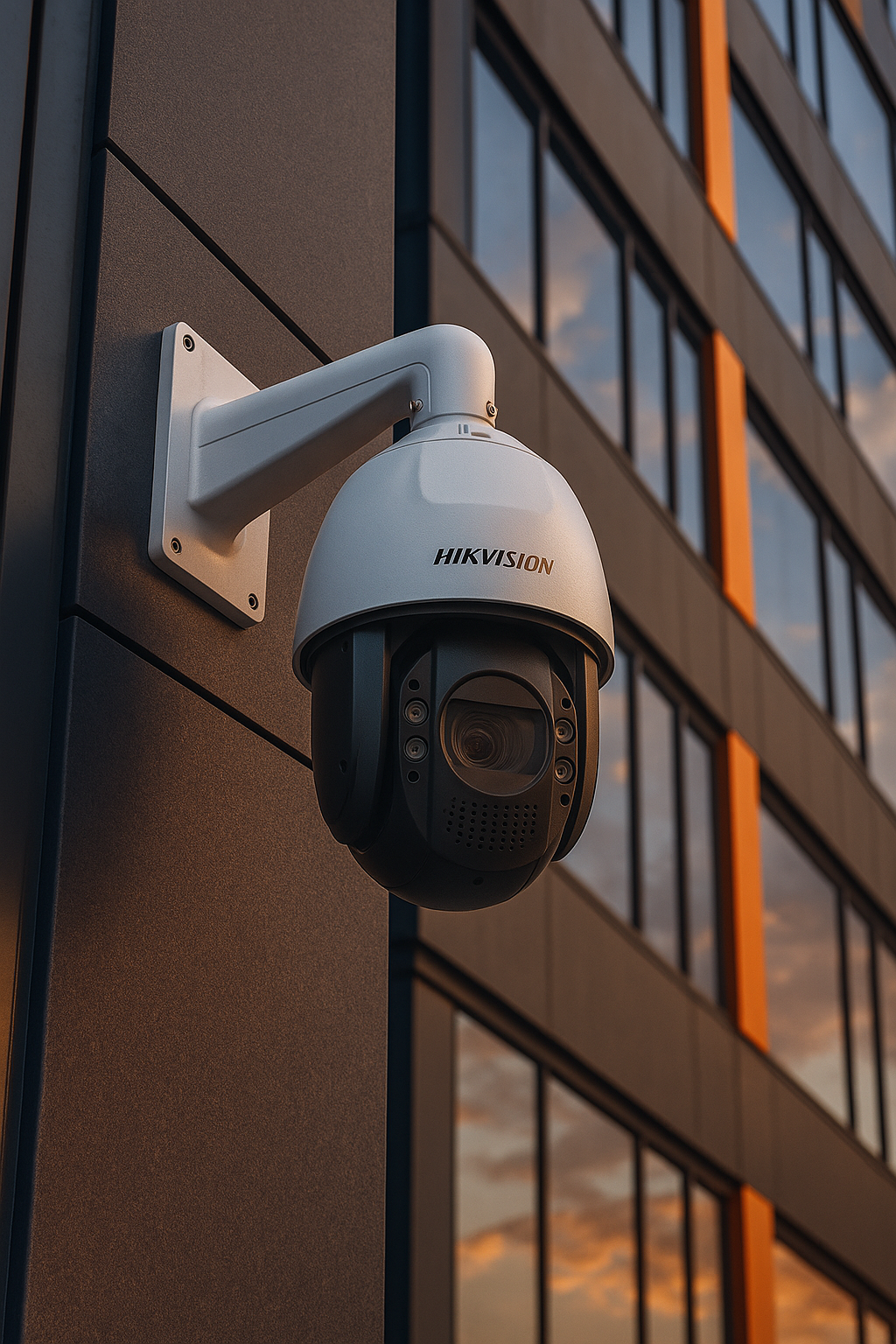 A PTZ surveilance camera, on a corporate building