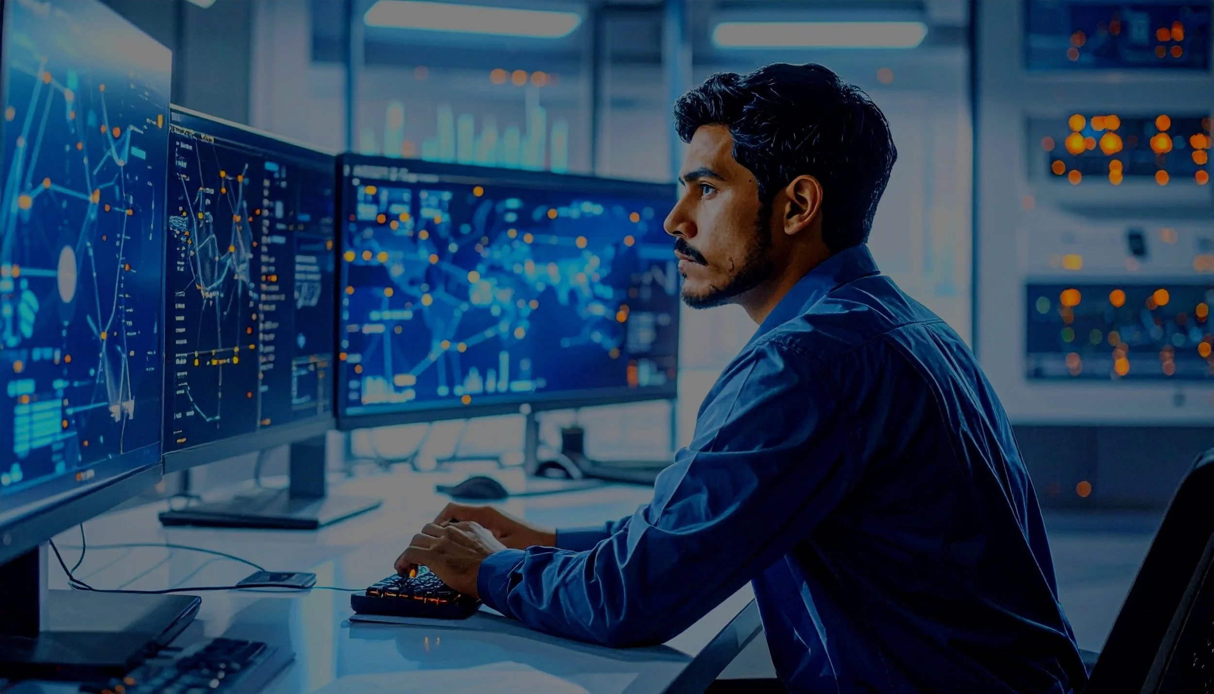 A man working at multiple computer monitors displaying financial data and graphs in a high-tech control room or office.