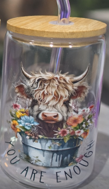 You Are Enough – Highland Cow Glass Cup