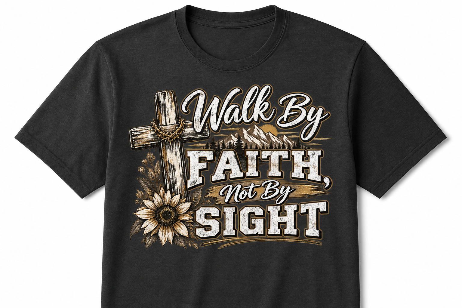 Walk by Faith, Not by Sight Christian Cross & Sunflower T-Shirt