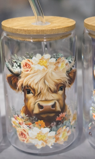 Floral Highland Cow Glass Cup