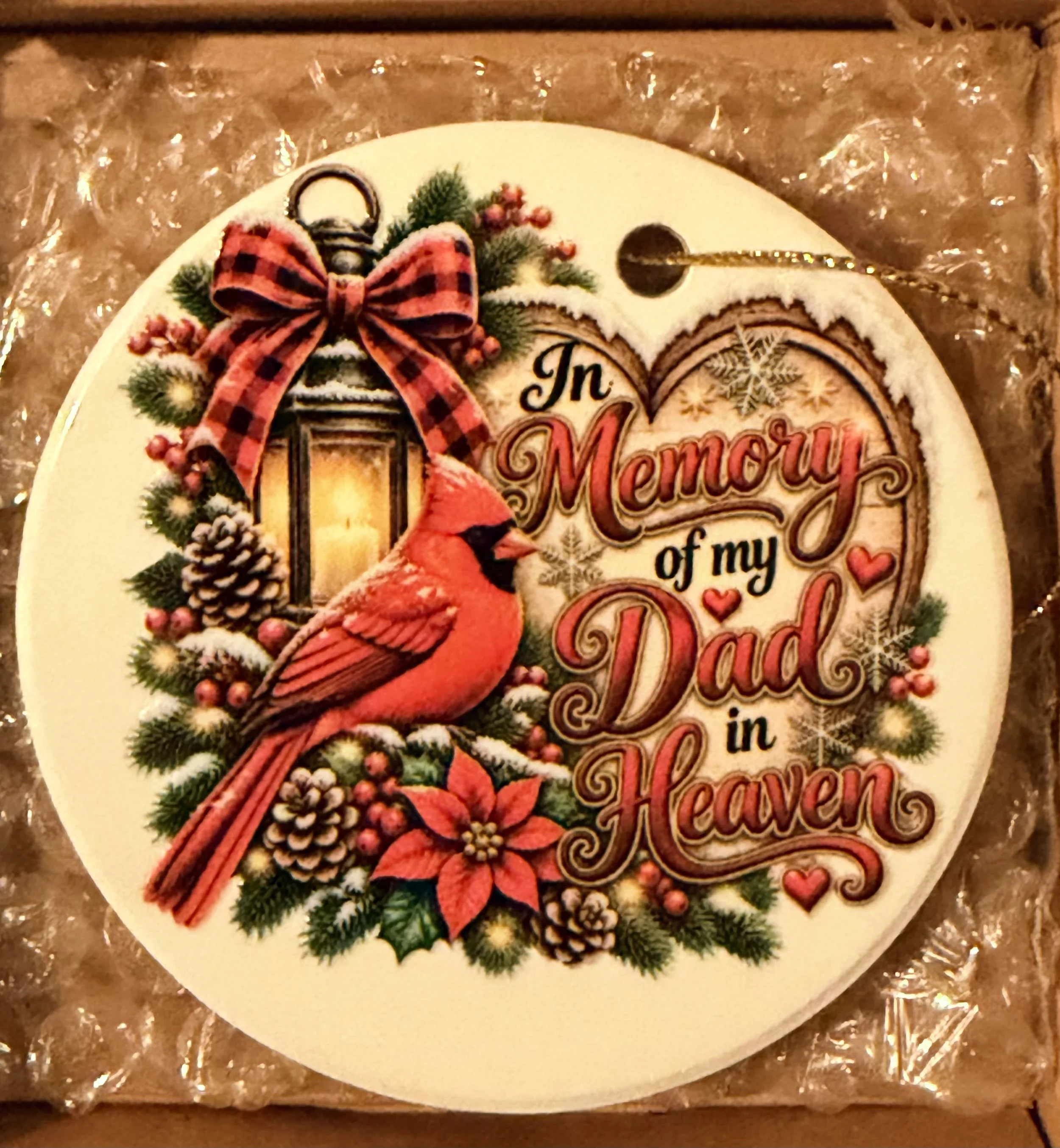 In Memory of My Dad in Heaven – Cardinal Ceramic Christmas Ornament
