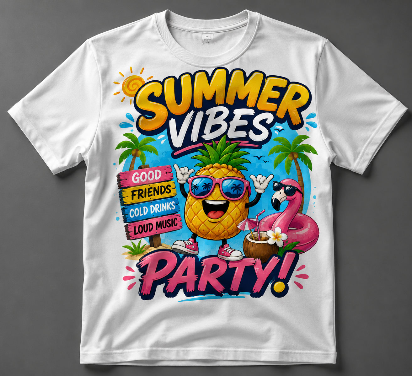 Summer Vibes Party T-Shirt – Tropical Pineapple Beach Party Graphic Tee