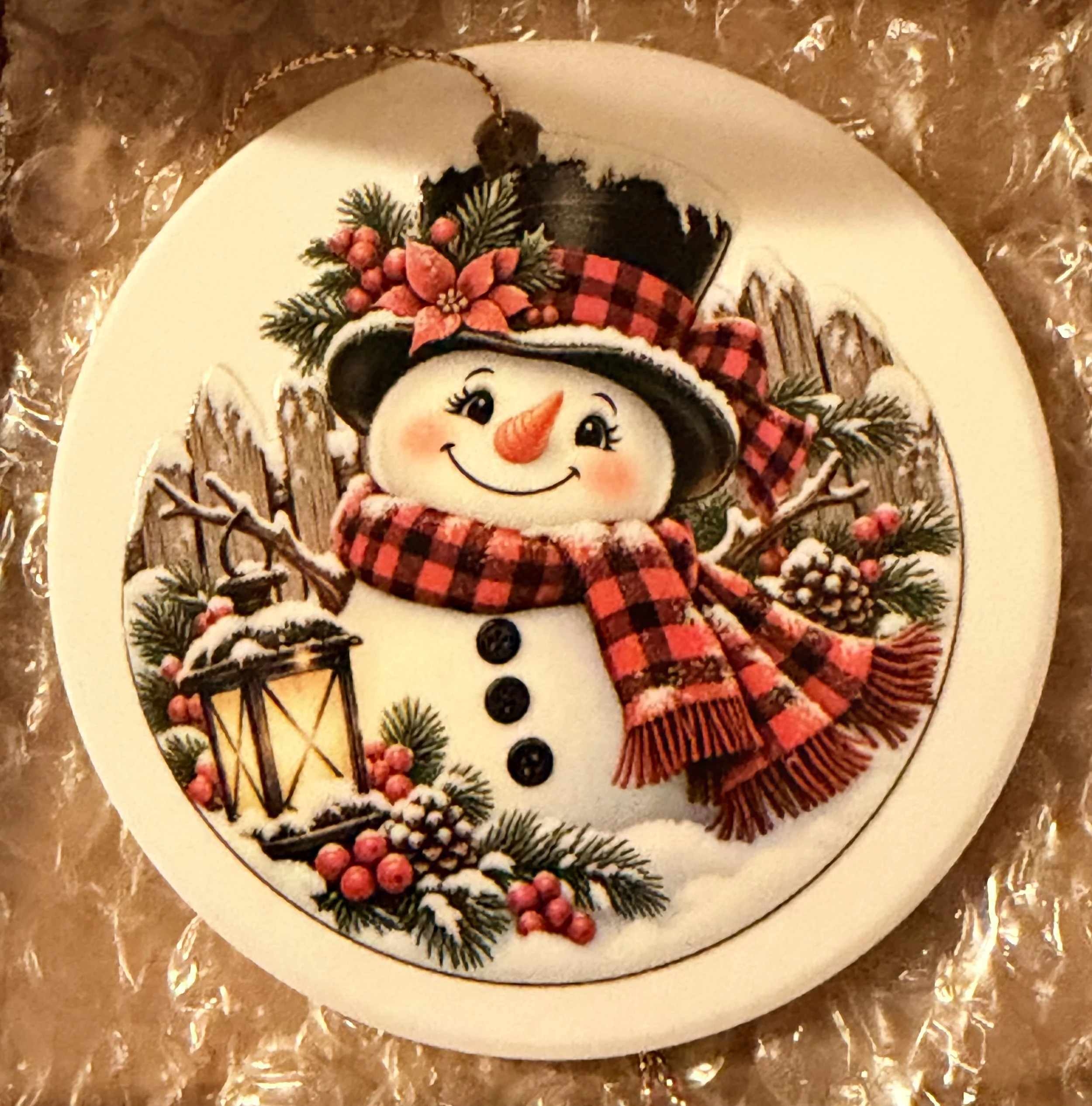 Rustic Buffalo Plaid Snowman – Ceramic Christmas Ornament