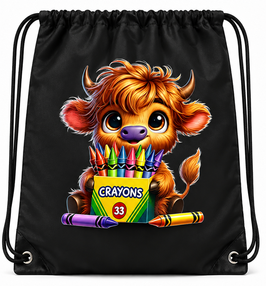 Color Me Happy Crayon Cow Drawstring Bag | Highland Cow