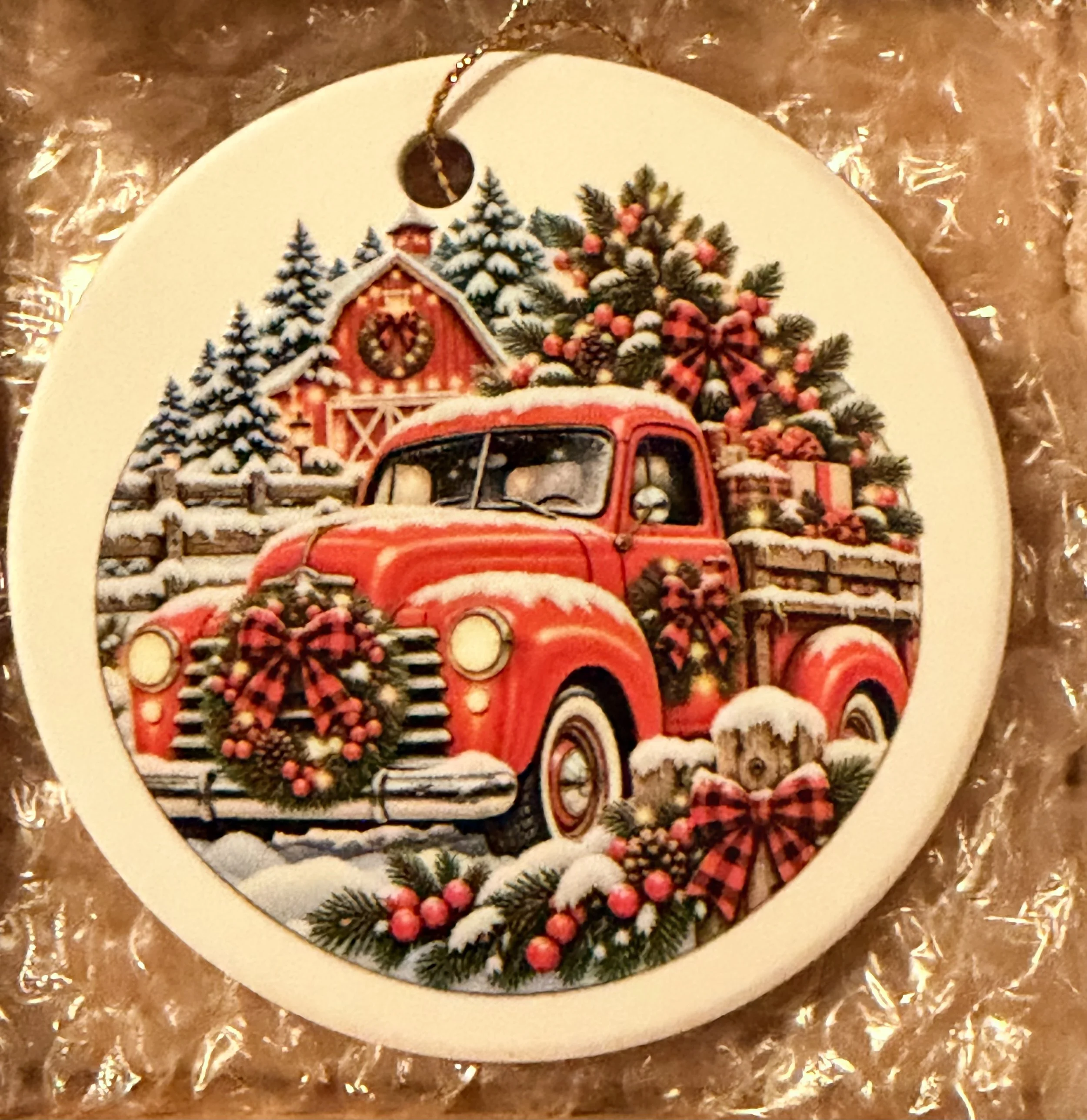 Vintage Red Christmas Truck with Tree – Ceramic Christmas Ornament
