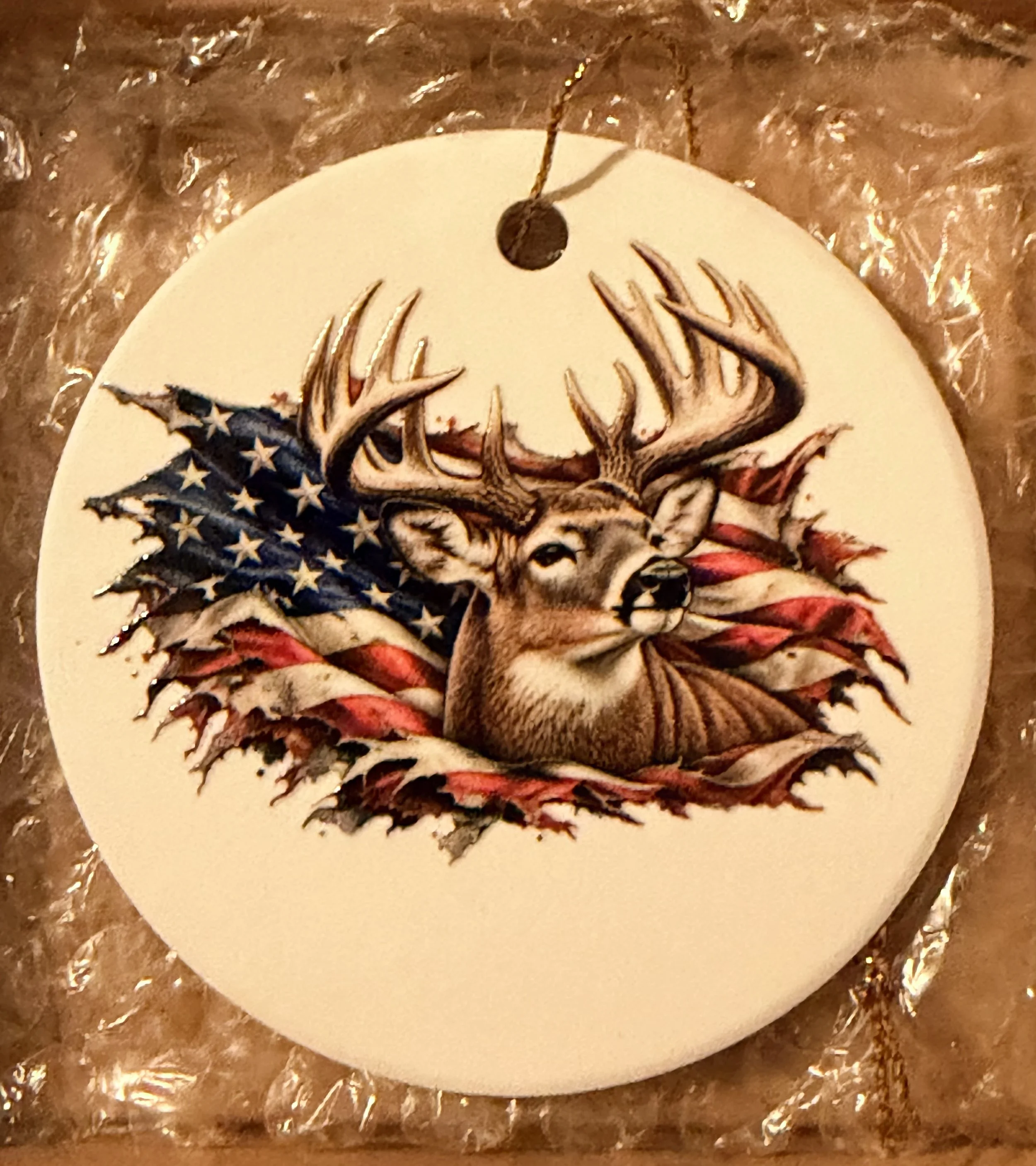 Patriotic Whitetail Buck & American Flag – Ceramic Ornament