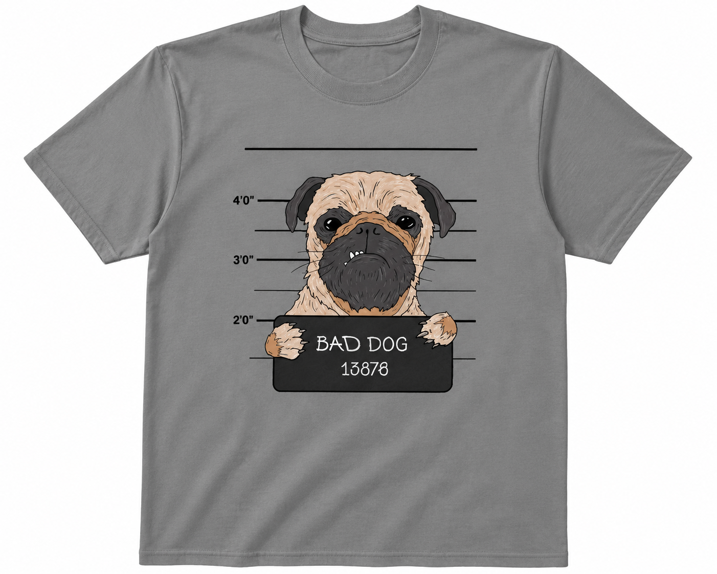 Mugshot Pug Adult T-Shirt | Funny Pug Dog Shirt